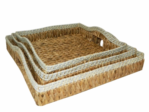 3pc square water hyacinth tray with rope rim